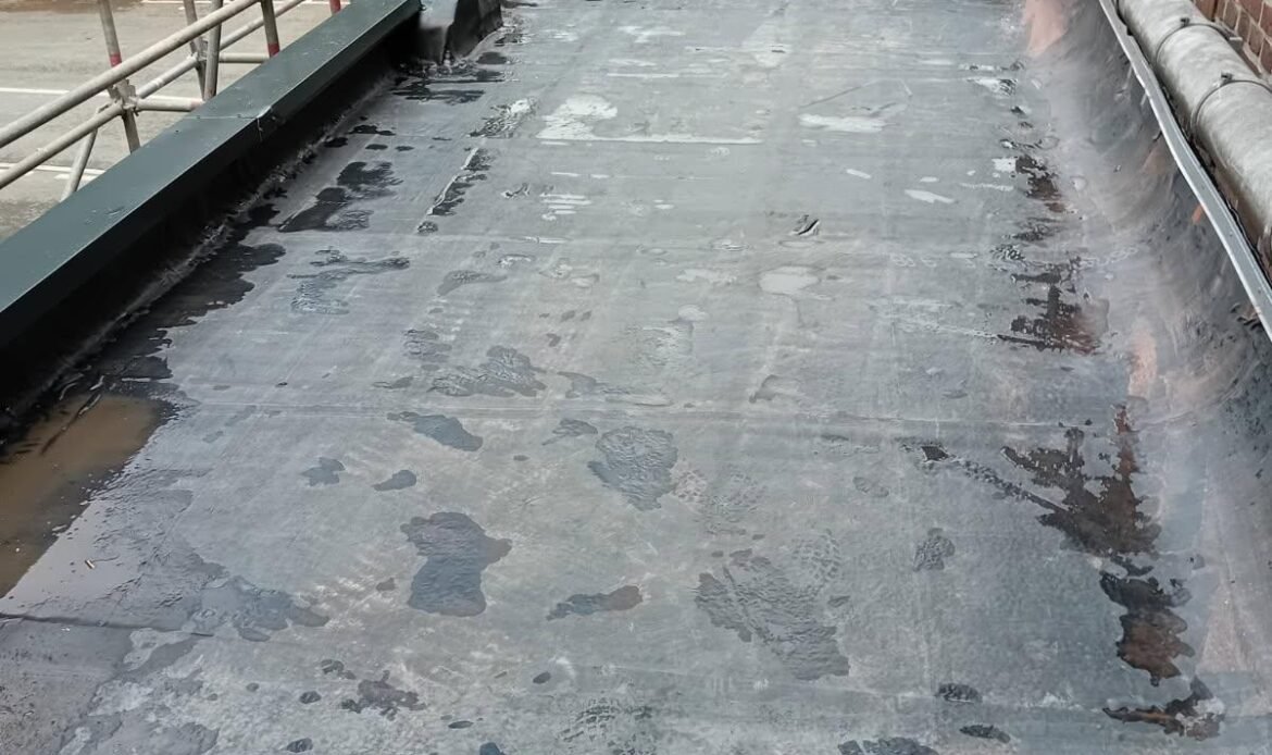 Détail d'une toiture en EPDM avec une zone d’eau stagnante le long du bord, mettant en évidence la nécessité d’une pente adaptée pour une bonne évacuation des eaux pluviales.