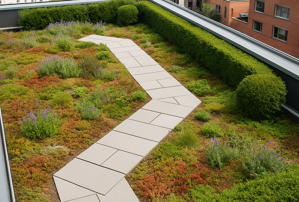 Terrasse végétalisée en ville (semi-intensive) Vue d’un toit-terrasse végétalisé en milieu urbain, avec chemins en dalles, plantes vivaces, haies basses, bordures en zinc. Vue du dessus ou en perspective, ambiance verte et contemporaine.