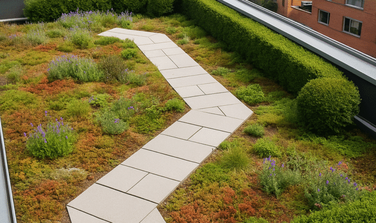 Terrasse végétalisée en ville (semi-intensive) Vue d’un toit-terrasse végétalisé en milieu urbain, avec chemins en dalles, plantes vivaces, haies basses, bordures en zinc. Vue du dessus ou en perspective, ambiance verte et contemporaine.