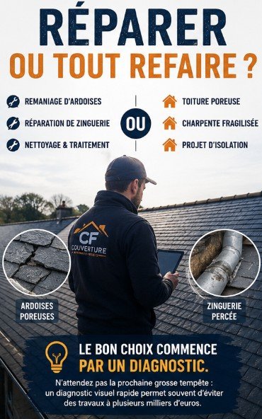 Rénovation complète d'une toiture en ardoise par CF Couverture à Rouen, charpente en bois, écran sous-toiture et lucarne. Tout refaire, solution durable et sécurisante.